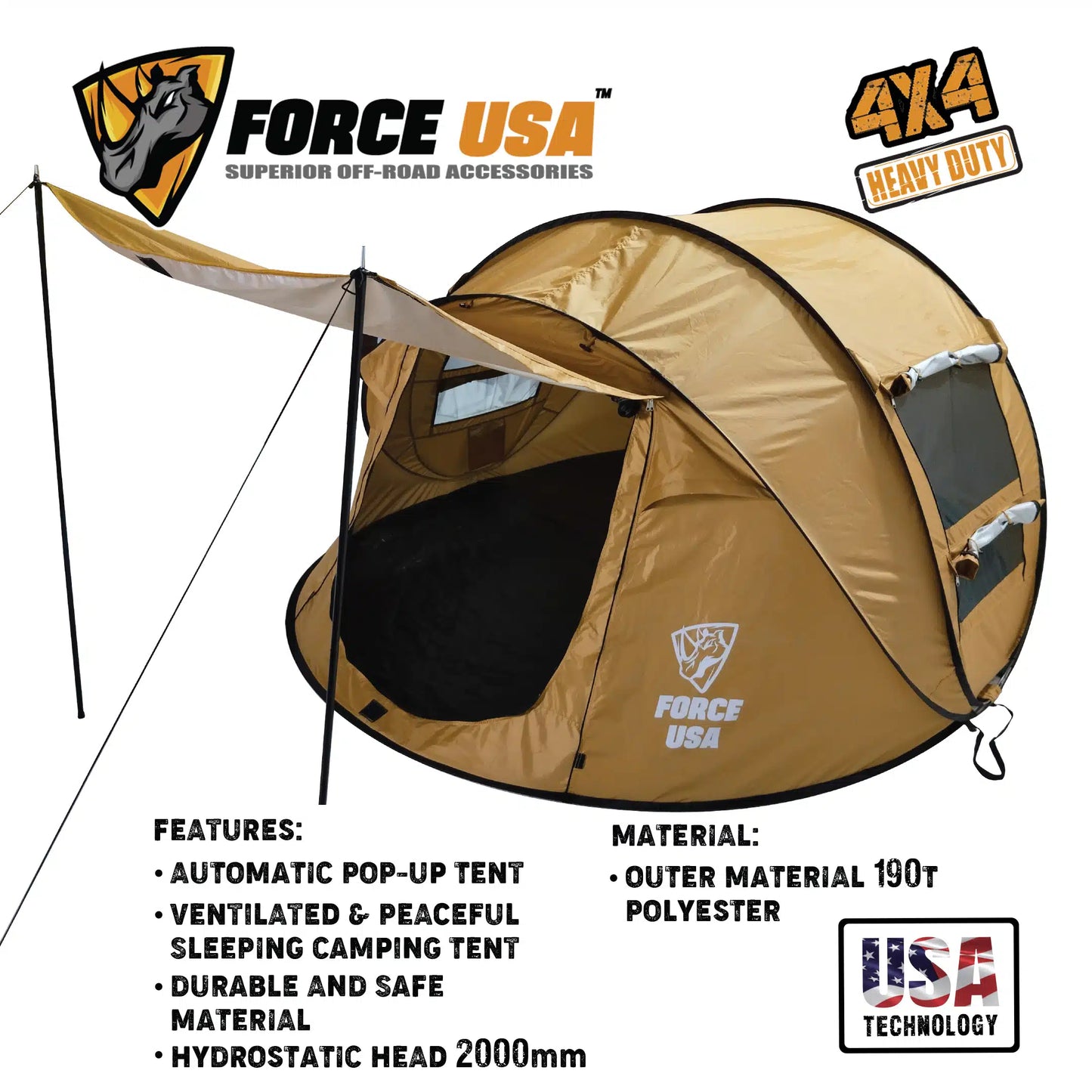 FORCE USA POP-UP TENT FOR OUTDOOR ADVENTURES.